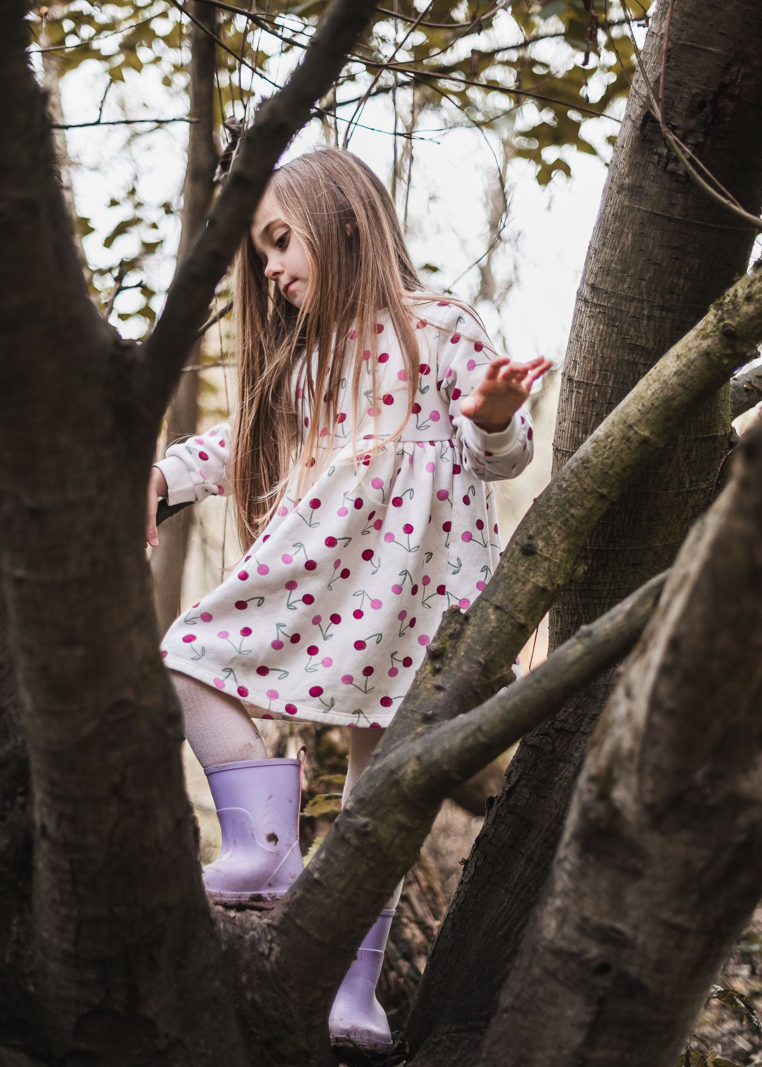 Child in polka dot dress and purple boots exploring among tree trunks. Ephemera.