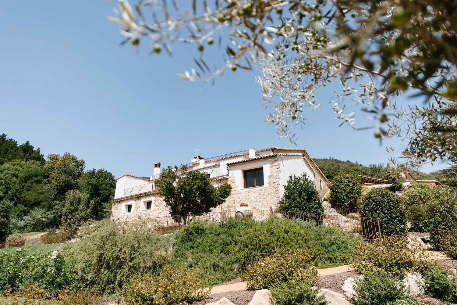 Stone villa surrounded by lush Mediterranean gardens and olive trees under a clear blue sky.
