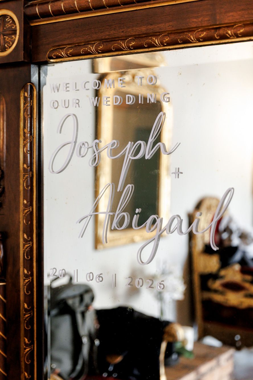 Wedding welcome mirror sign for Joseph and Abigail, dated 20/06/2025 Masia Victoria | Wedding Photographer Barcelona | Spain Wedding Venue
