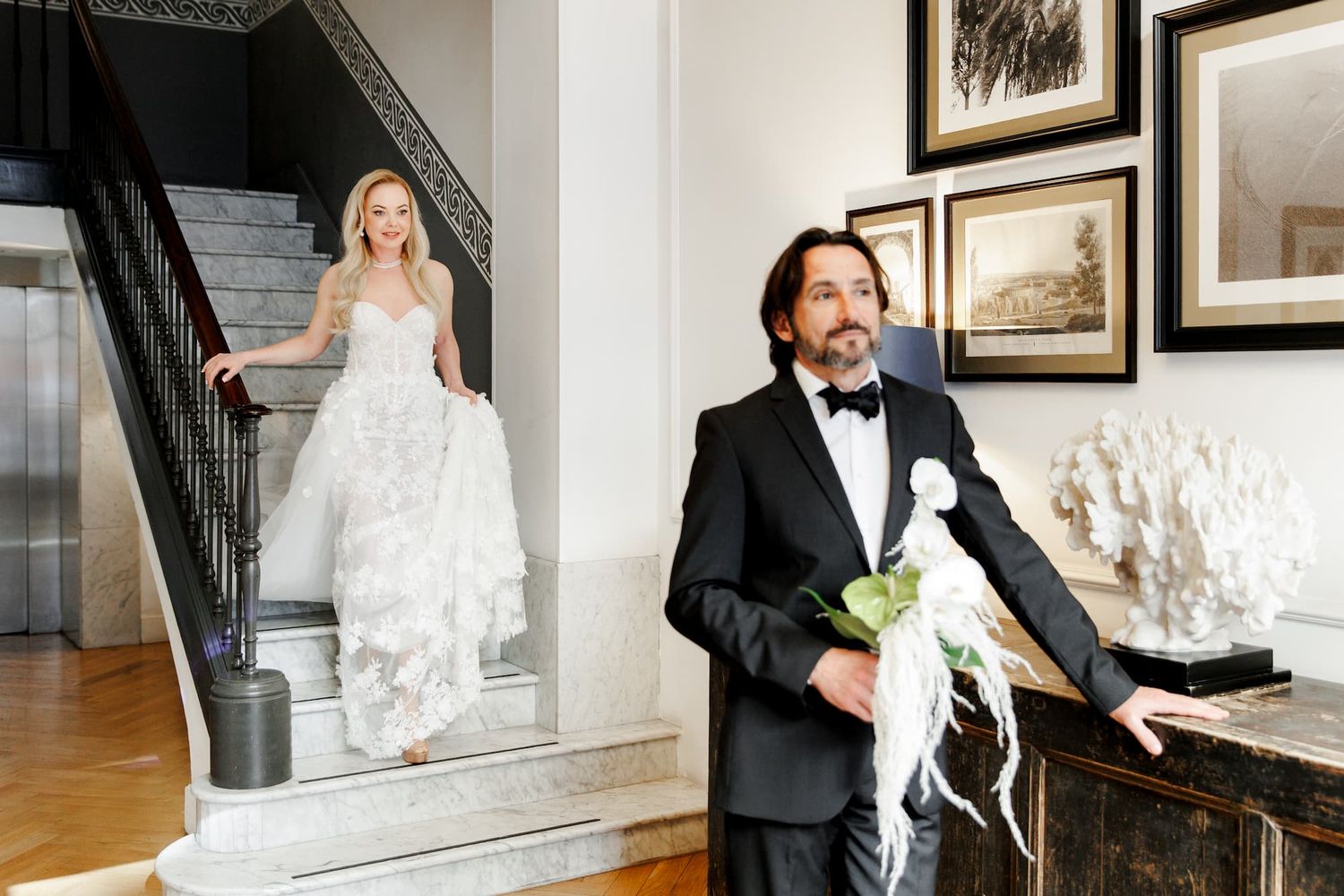 A bride and groom, a moment before their first look, before the wedding ceremony in Barcelona
