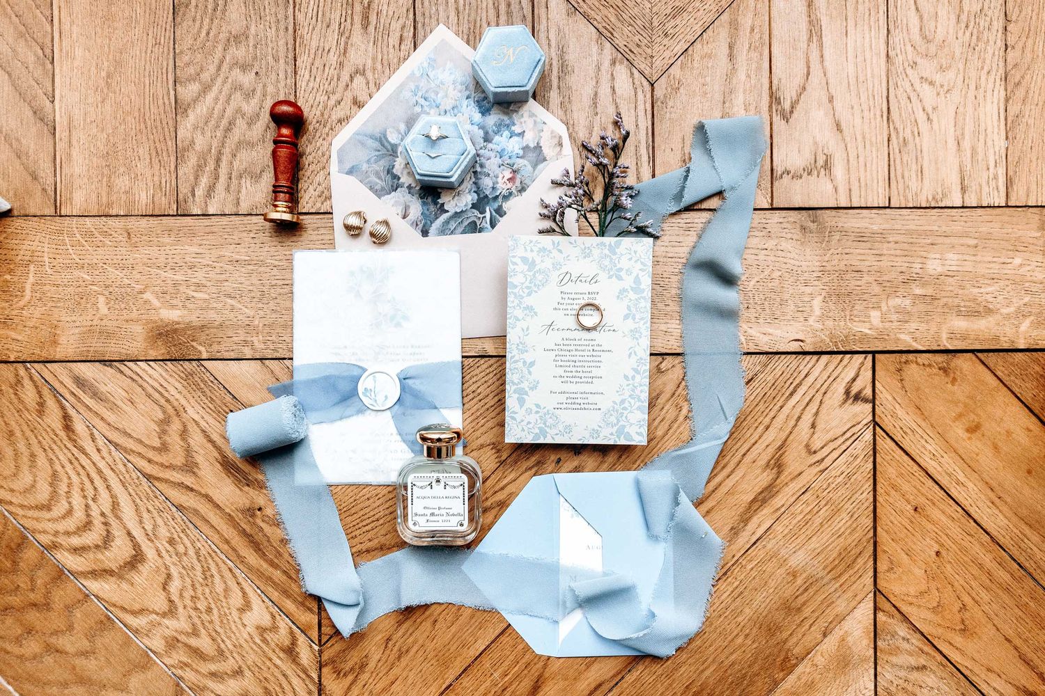 Bespoke collection of wedding stationery including wedding invitations, name cards, postcards, and other wedding details.