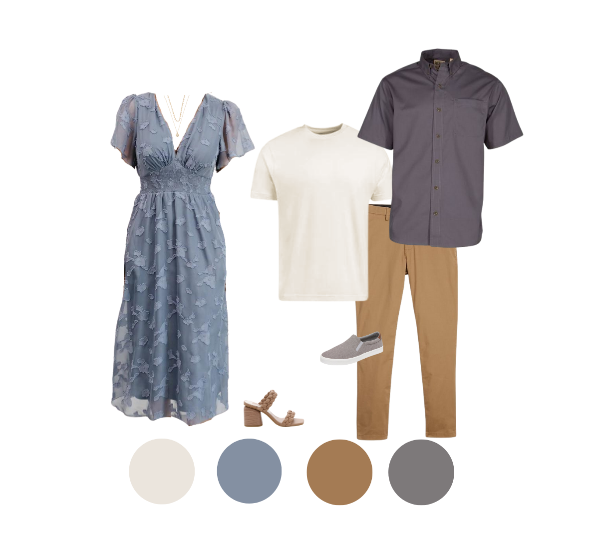 Coordinated fashion outfit set featuring a navy dress, brown pants, white top, and matching accessories in neutral tones.