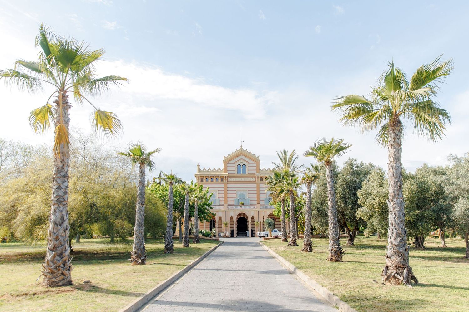 The facade of an elegant wedding venue Gran Villa Rosa near Barcelona, Spain