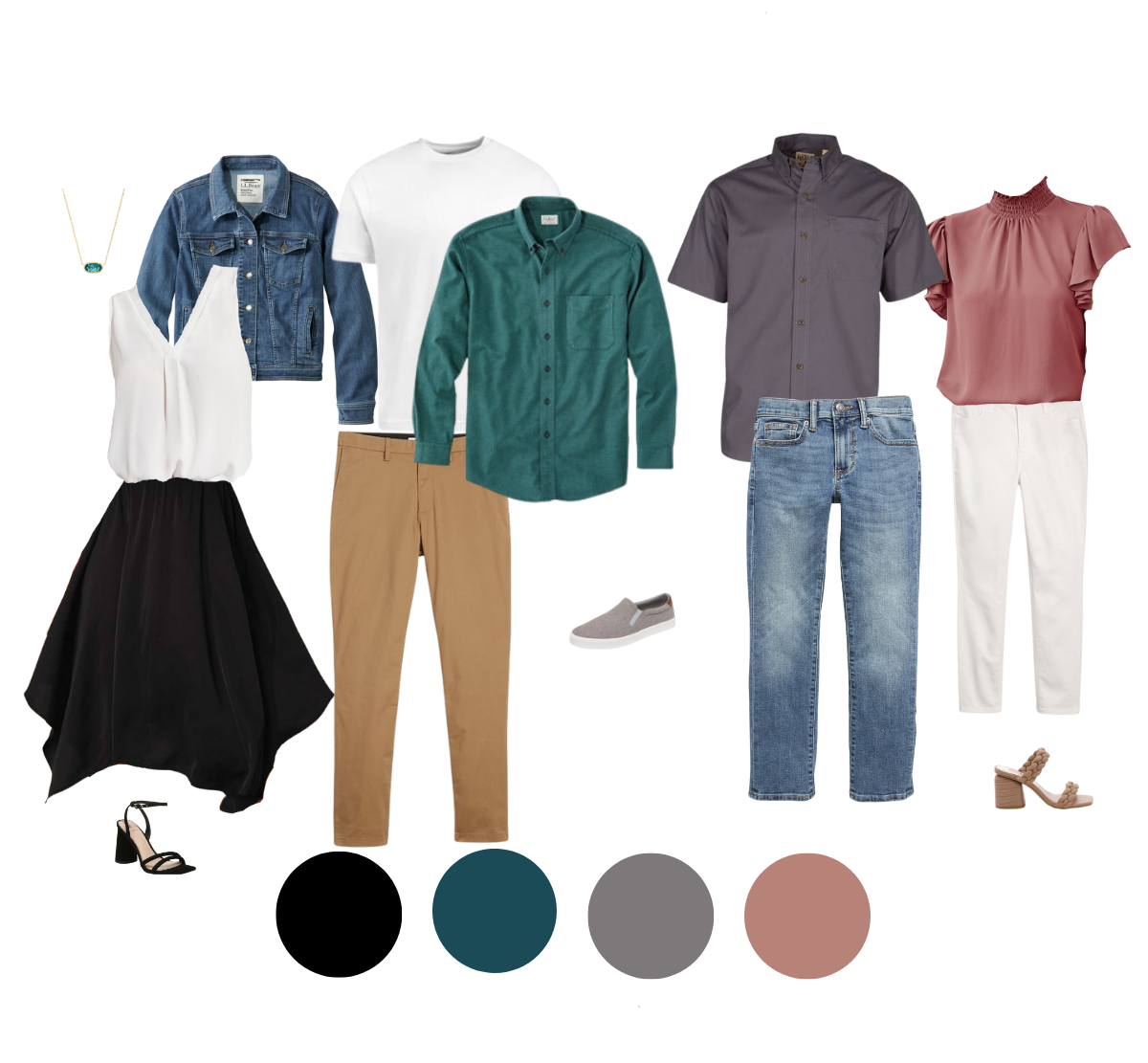 Stylish casual wardrobe collection featuring denim, khakis, button-downs, and neutral colors arranged in a row.