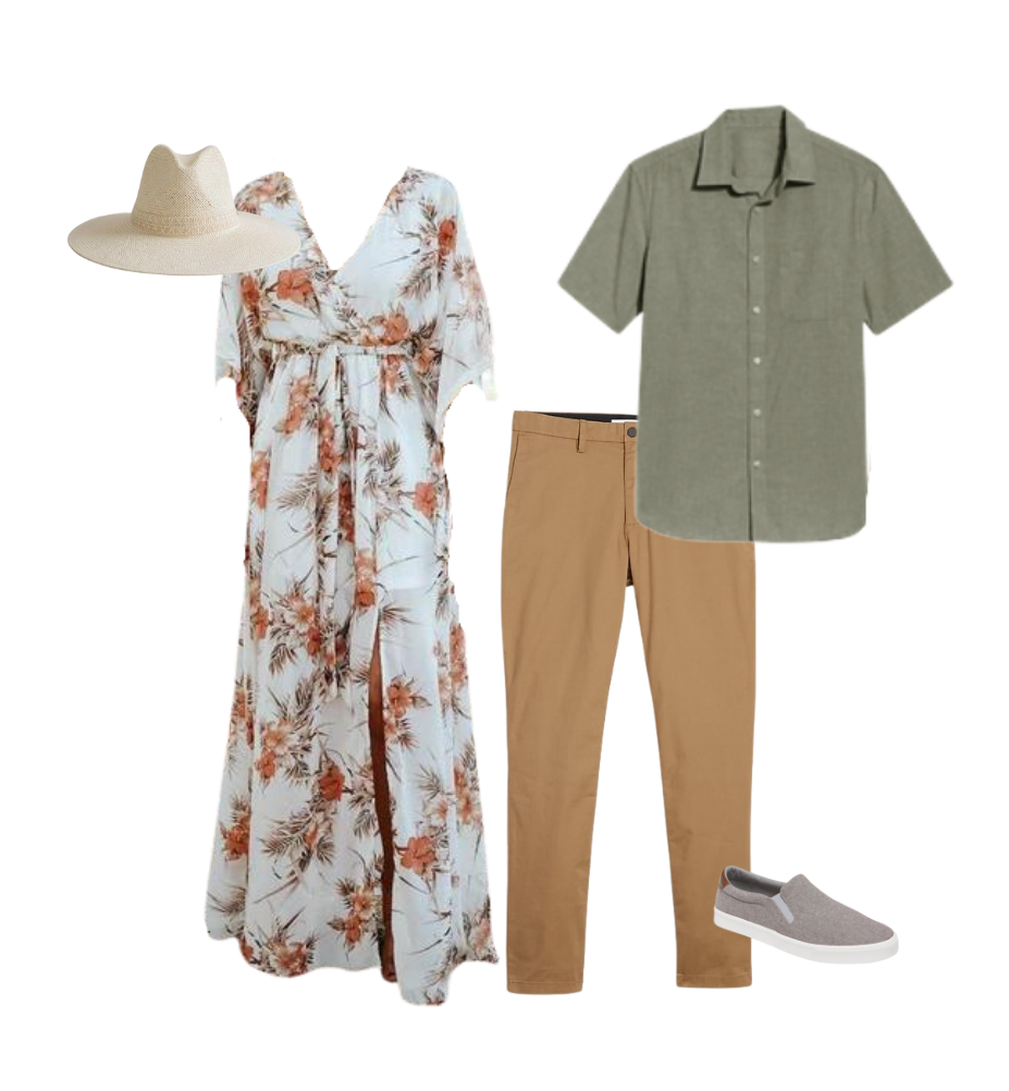 Coordinated summer outfit set featuring a floral dress, olive button-down shirt, khaki pants, and gray sneakers.