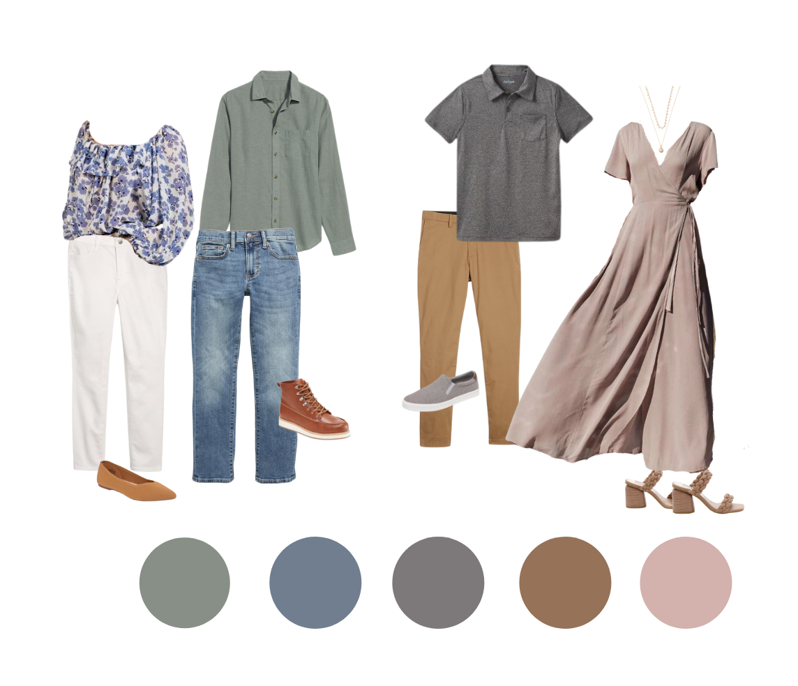 A set of casual clothing items, including denim, pants, shirts, and shoes, arranged in a coordinated color palette for engagment photos.