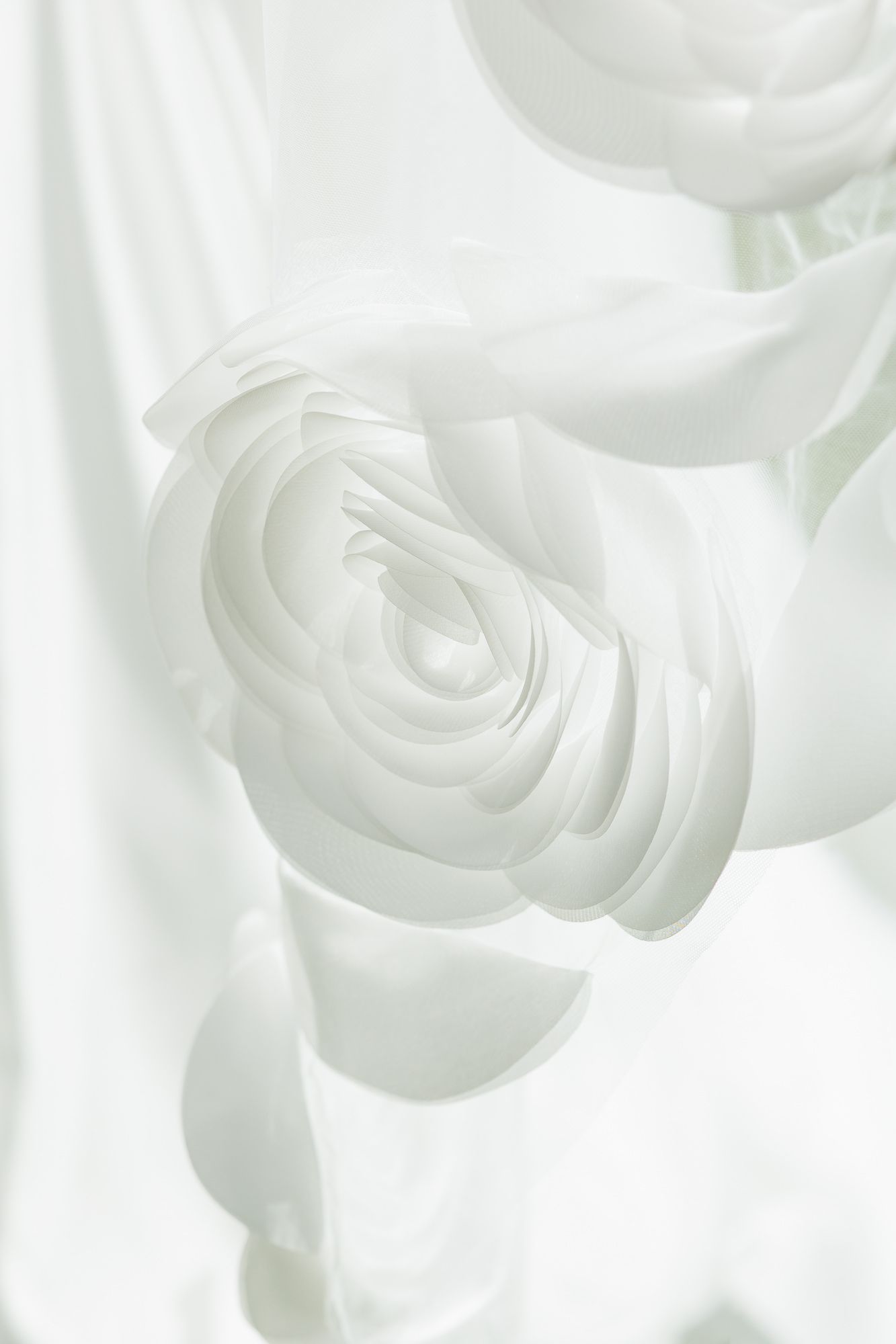 Close-up of elegant white fabric roses of the trendy wedding dress