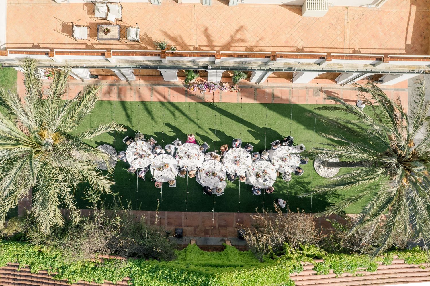 A drone shot of the reception at Gran Villa Rosa wedding venue