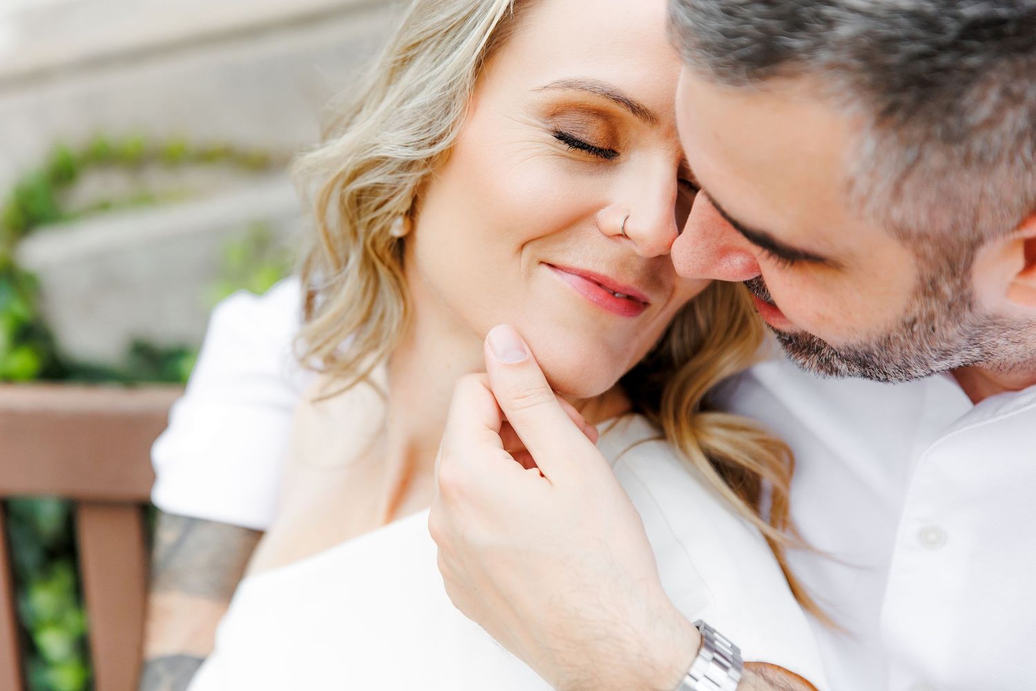 Close-up portrait of a couple during their engagement session in Barcelona.