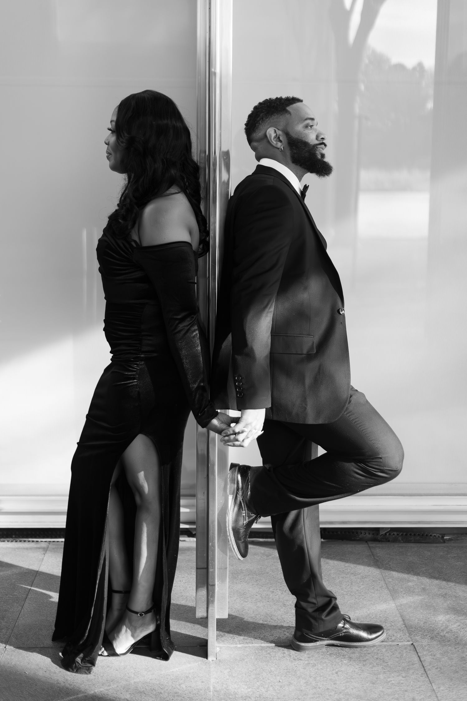Black and white photo series showing couple posing against wall in formal attire.