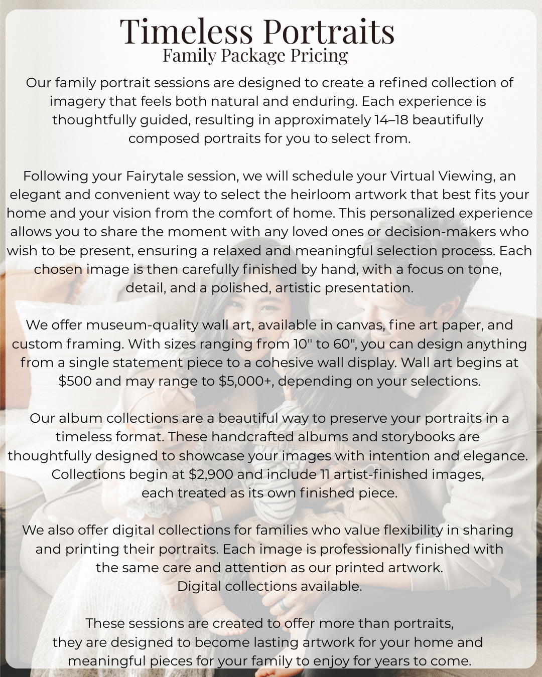Timeless Portraits family package pricing guide detailing portrait sessions, virtual viewing, wall art, albums, and digital collections.