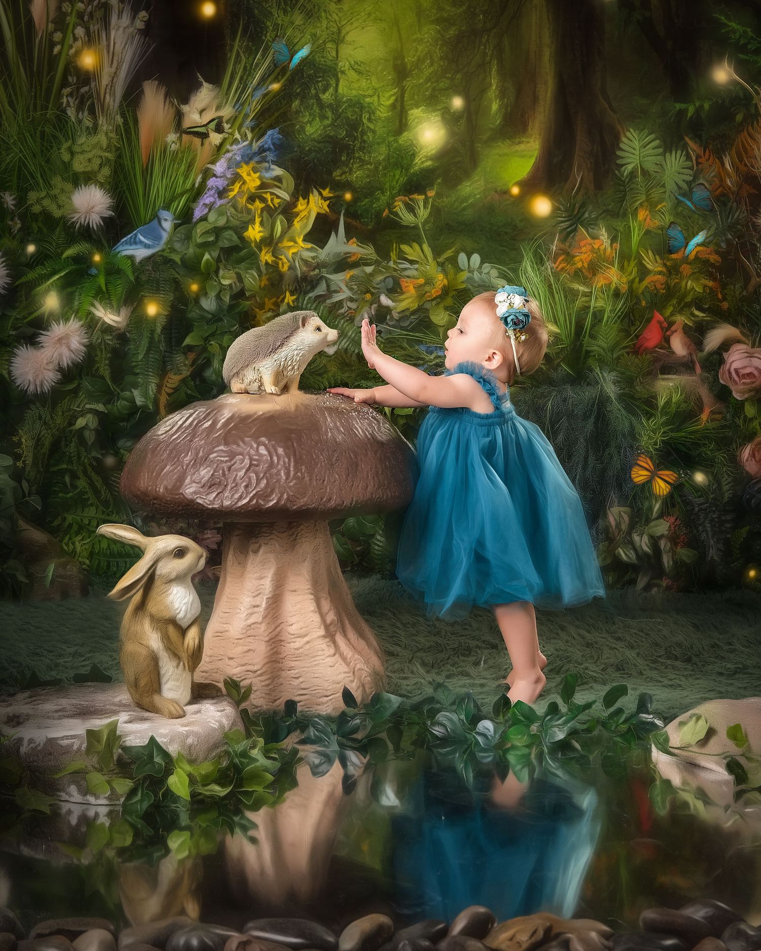 A toddler in a blue dress reaches toward a squirrel on a giant mushroom in an enchanted garden.