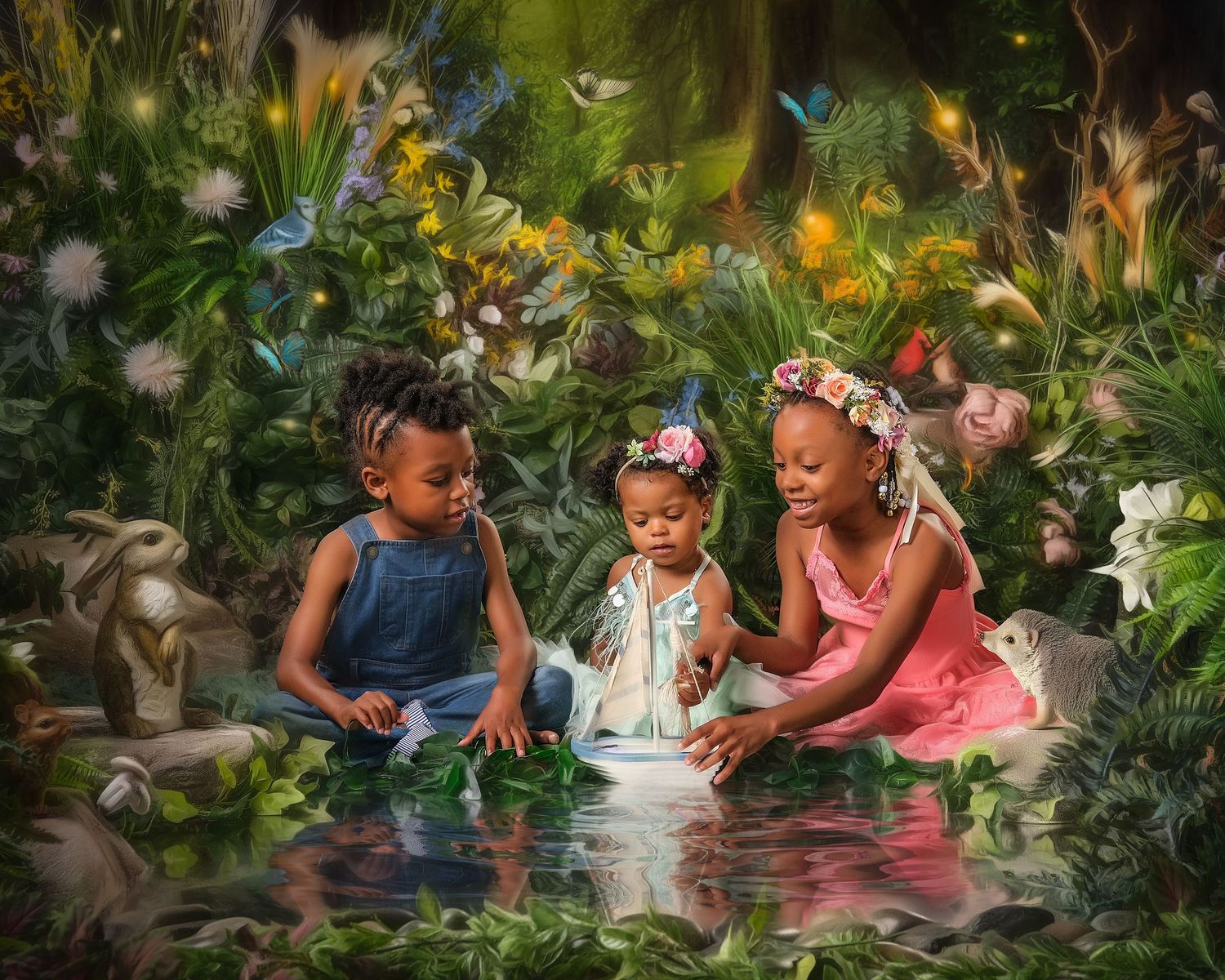 Three children play with a paper boat by a reflective pond in a lush enchanted garden.