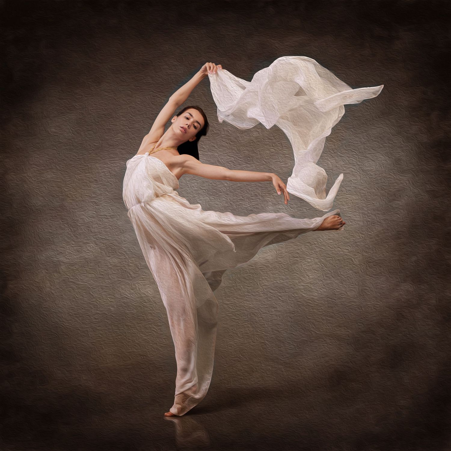 A dancer in flowing white dress leaps gracefully against a textured brown backdrop.