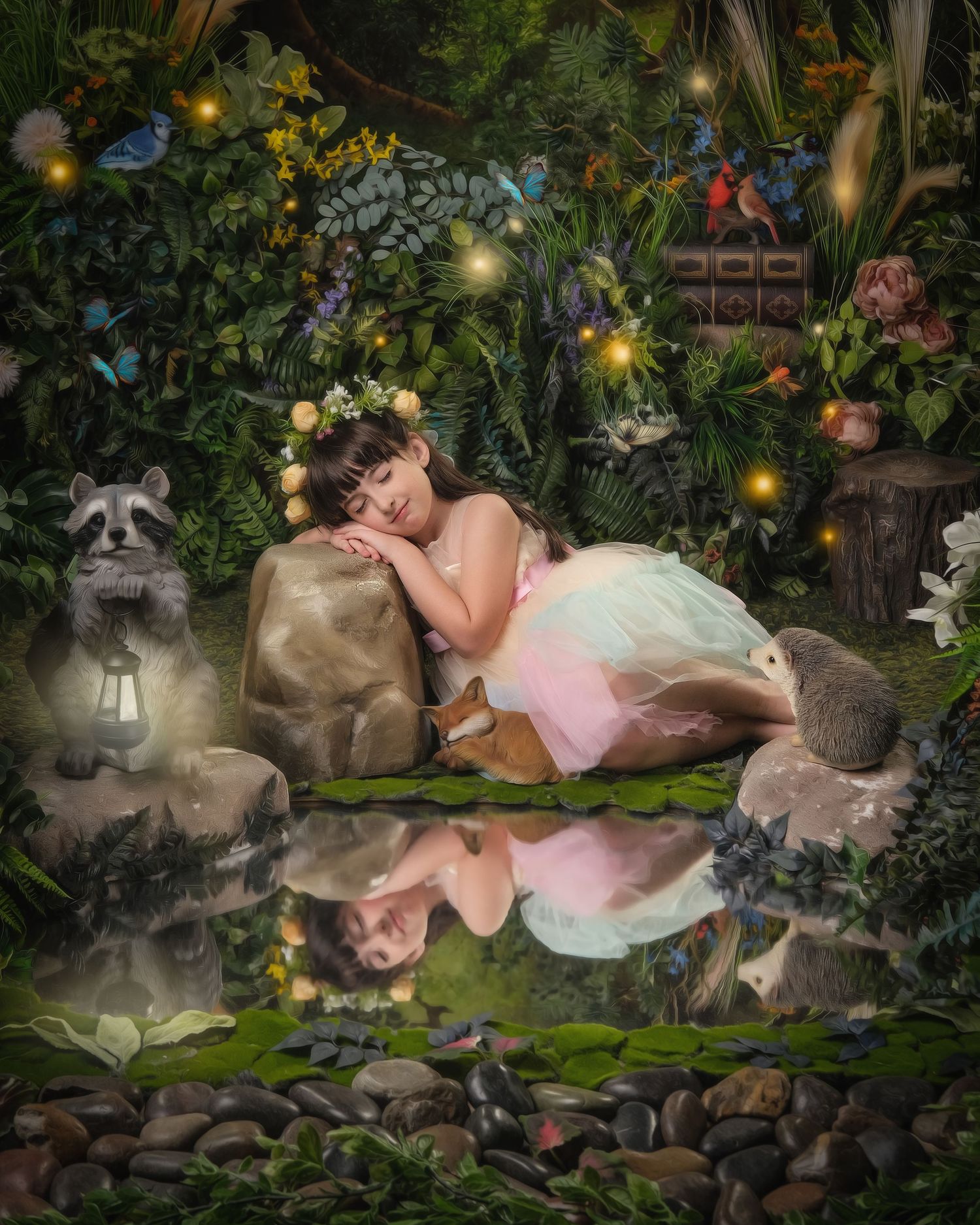 A girl in a pink tutu sleeps peacefully on a rock in a magical forest with woodland animals.