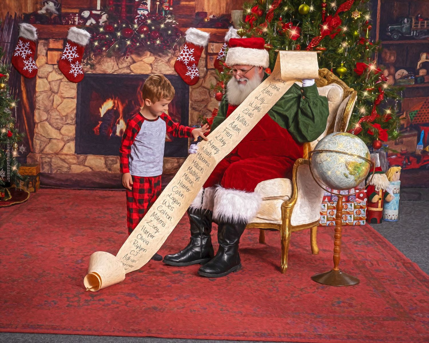 Young boy in plaid pants reviews Santa's long scroll list in a festive Christmas setting with fireplace and tree.