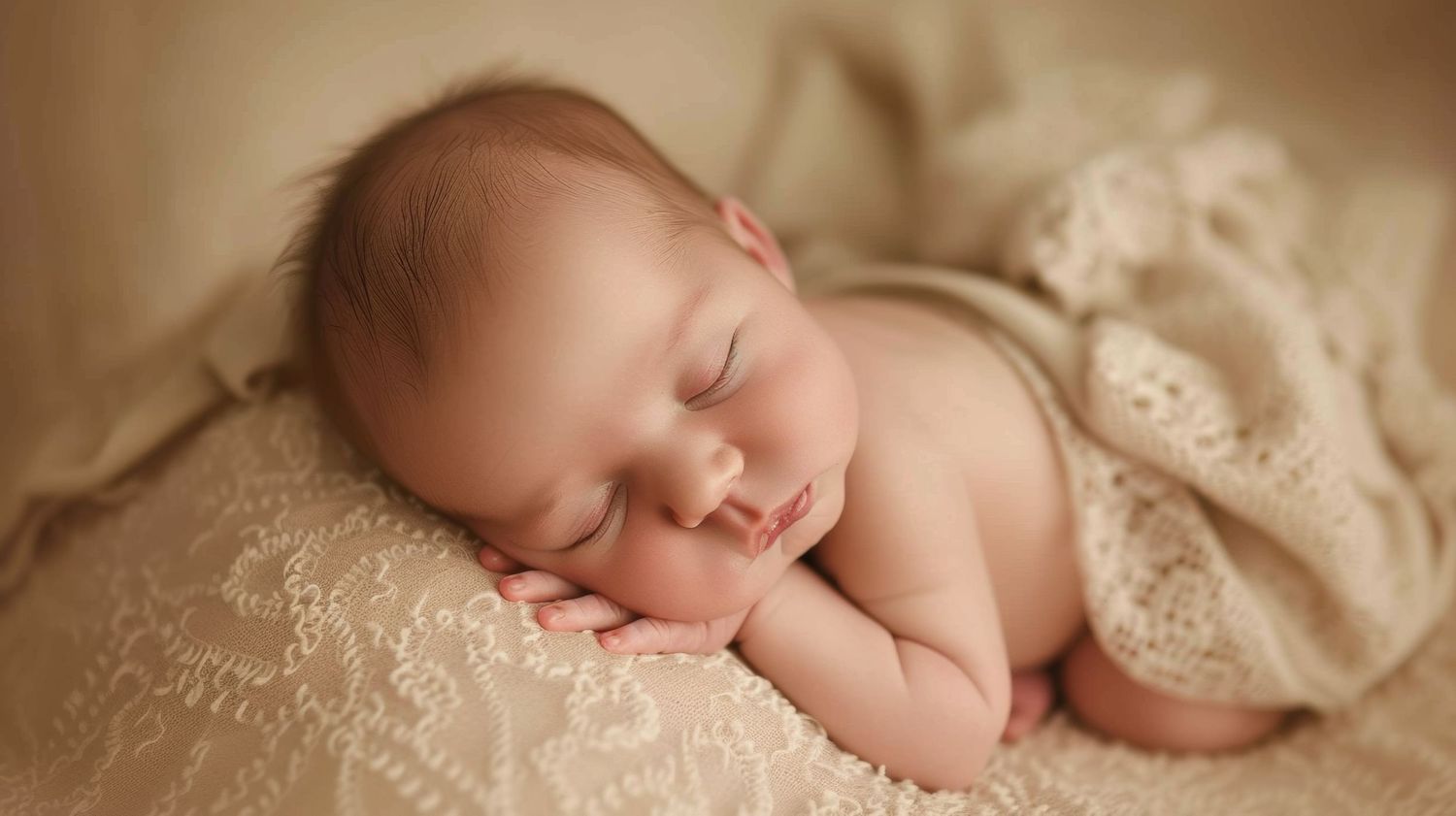 Serene newborn infant sleeping on lace blanket with cream wrap in warm studio light.