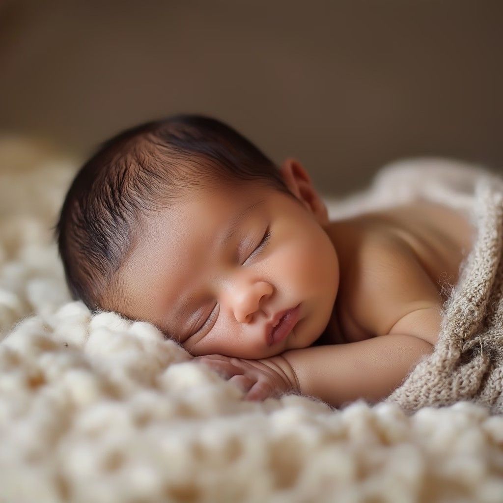 Peaceful sleeping newborn baby resting on a soft cream textured blanket in a studio portrait.