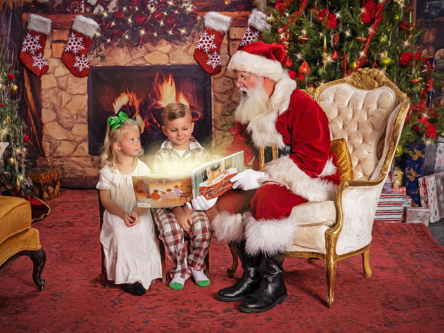Santa Claus reads a glowing Christmas book to two young children beside a decorated tree and fireplace.