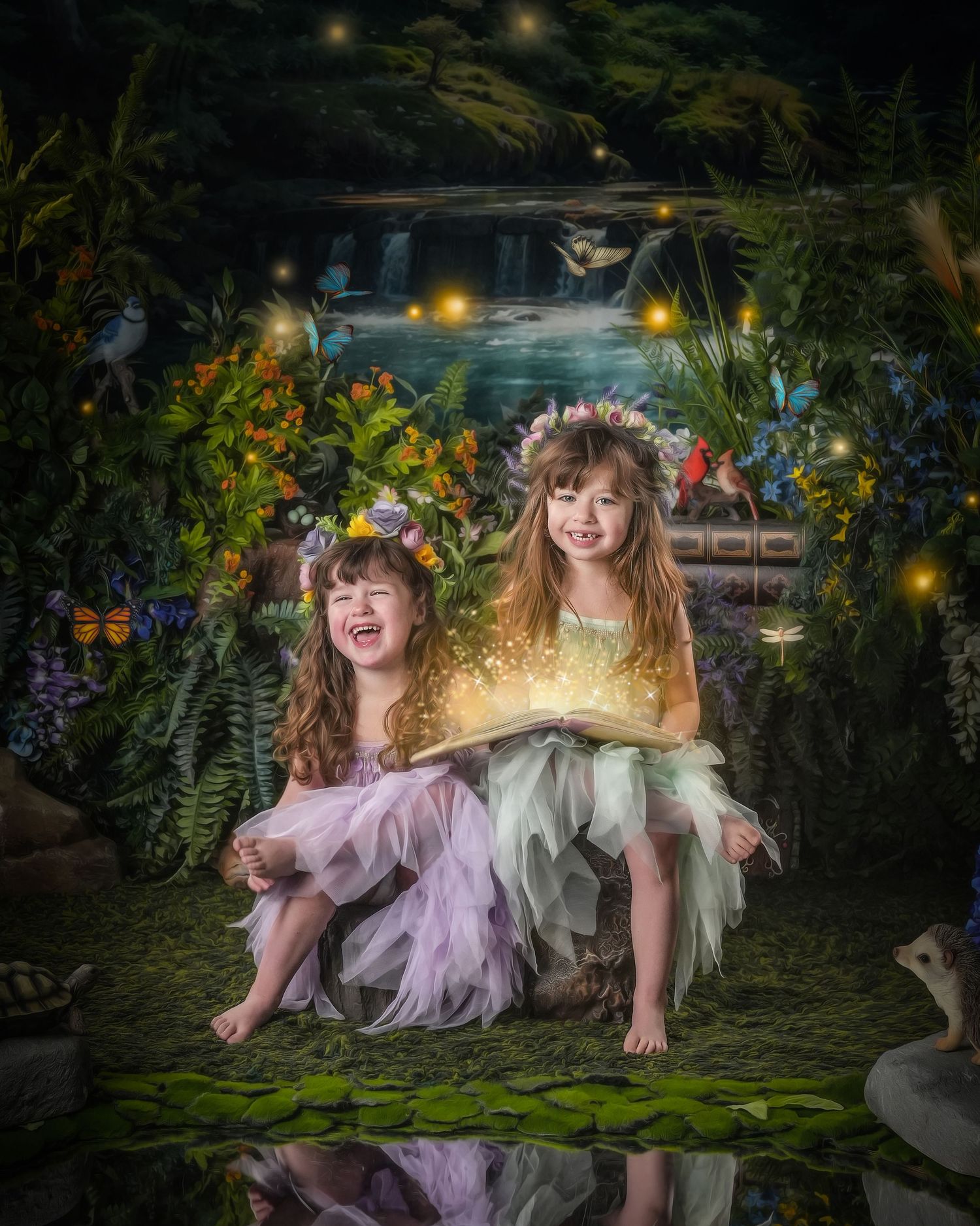 Two girls in fairy costumes with flower crowns read a glowing magical book in an enchanted garden setting.