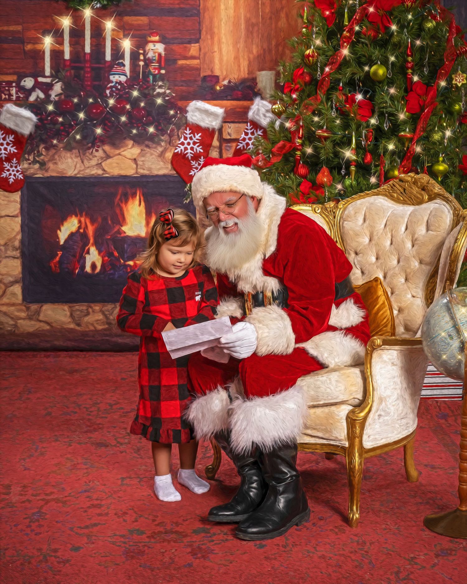A little girl in plaid dress reads her Christmas wish list with Santa Claus by a decorated tree and fireplace.