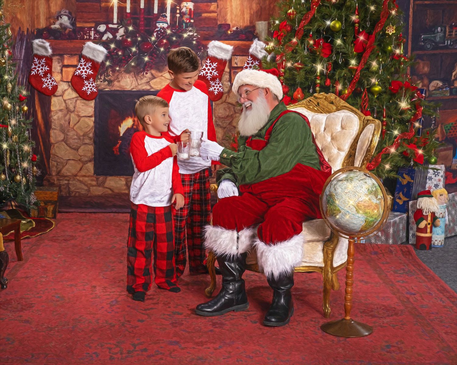 Two children in Christmas pajamas visit Santa Claus seated in a decorated holiday room with a fireplace and tree.