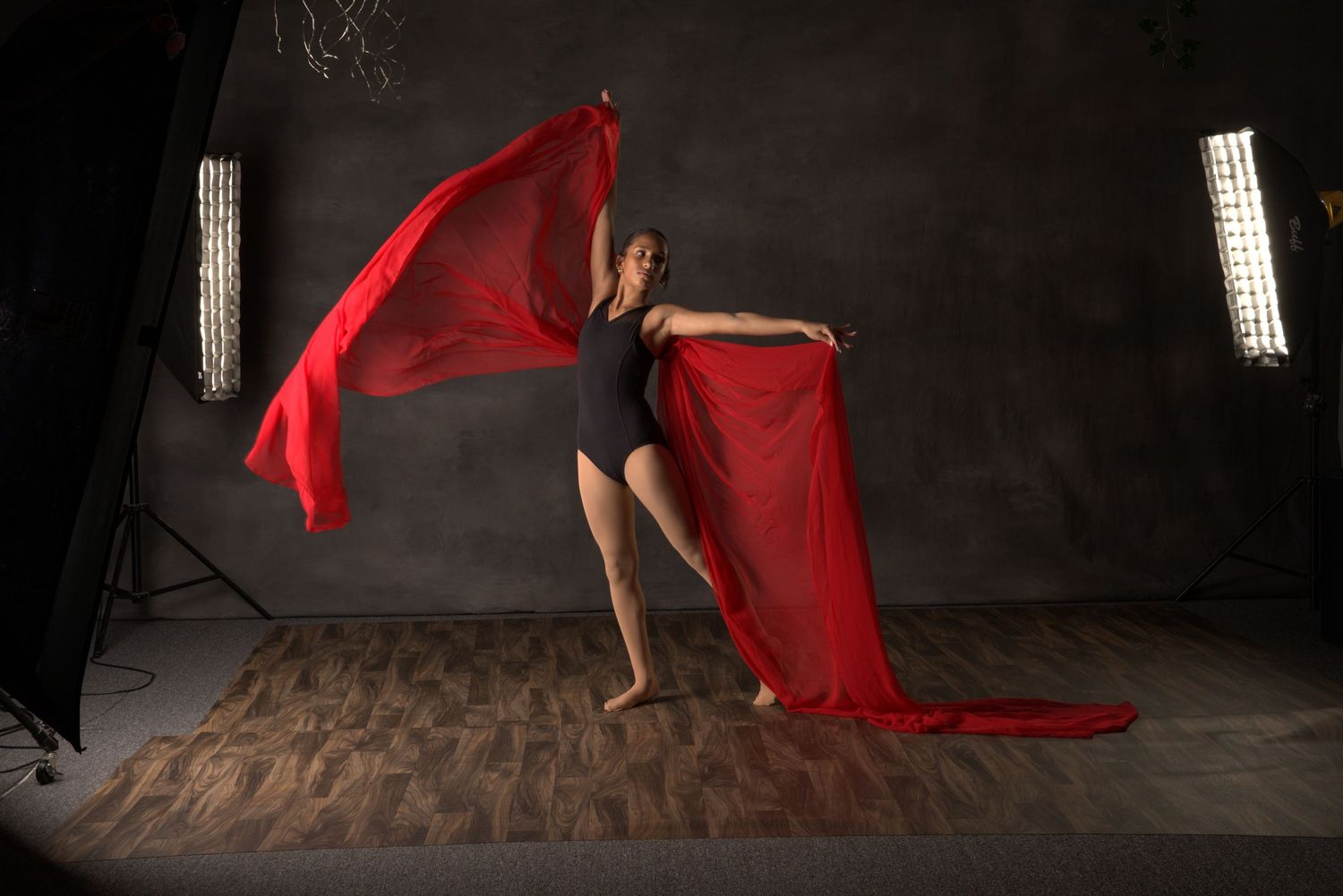 A dancer in a black leotard gracefully poses in a studio, holding flowing red fabric that billows dramatically around her.