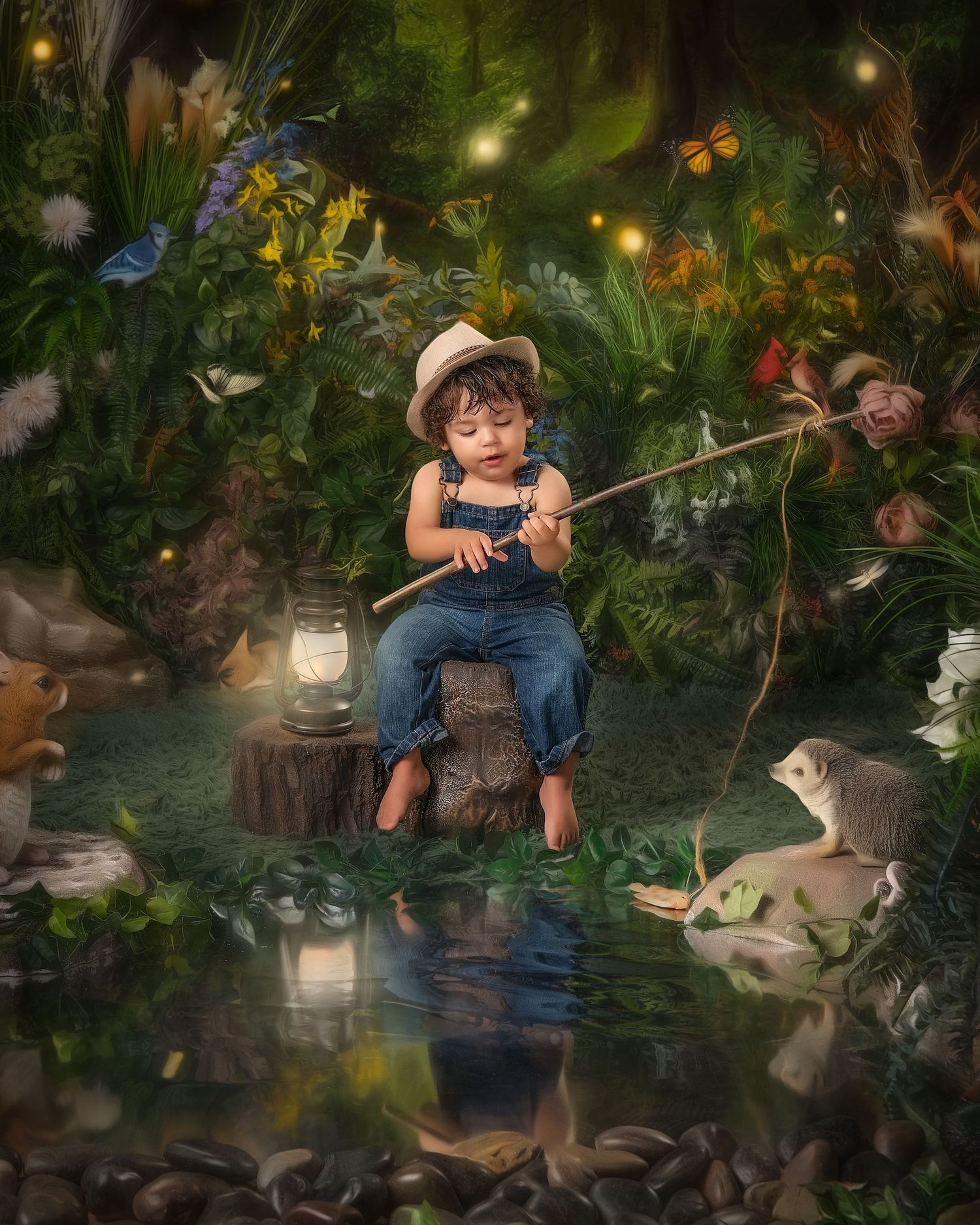 A young boy in overalls and a hat fishes by a glowing pond in an enchanted forest setting.