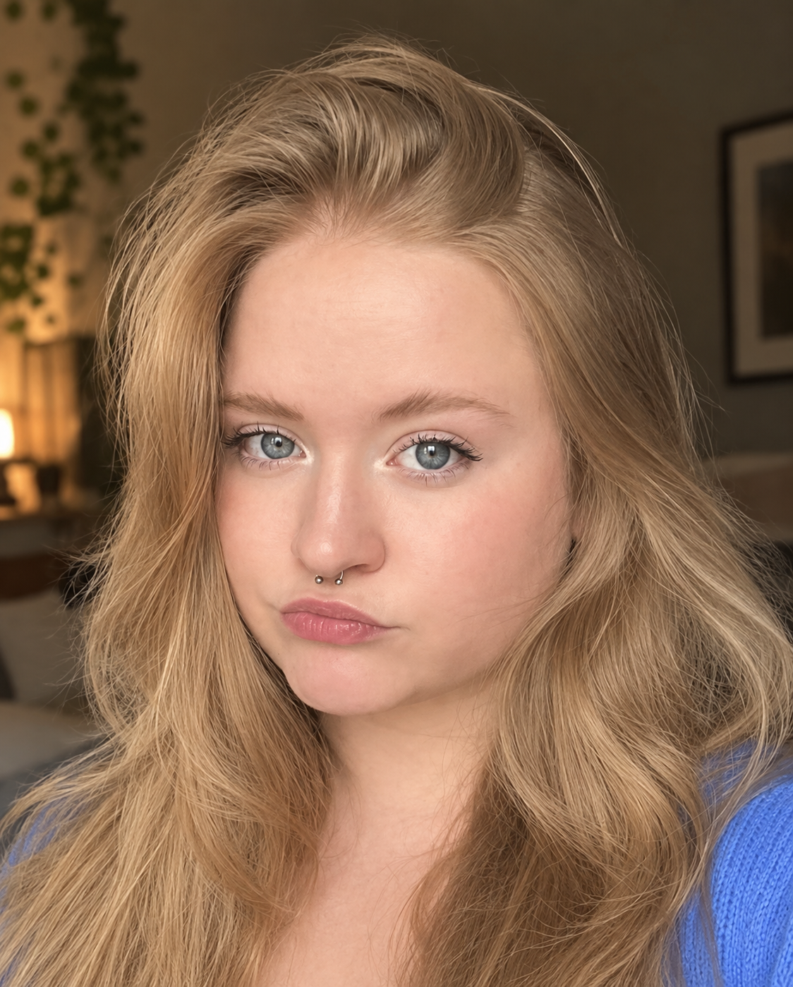 Young woman with blonde hair and blue eyes wearing a blue sweater, featuring a nose ring, in a casual indoor portrait.