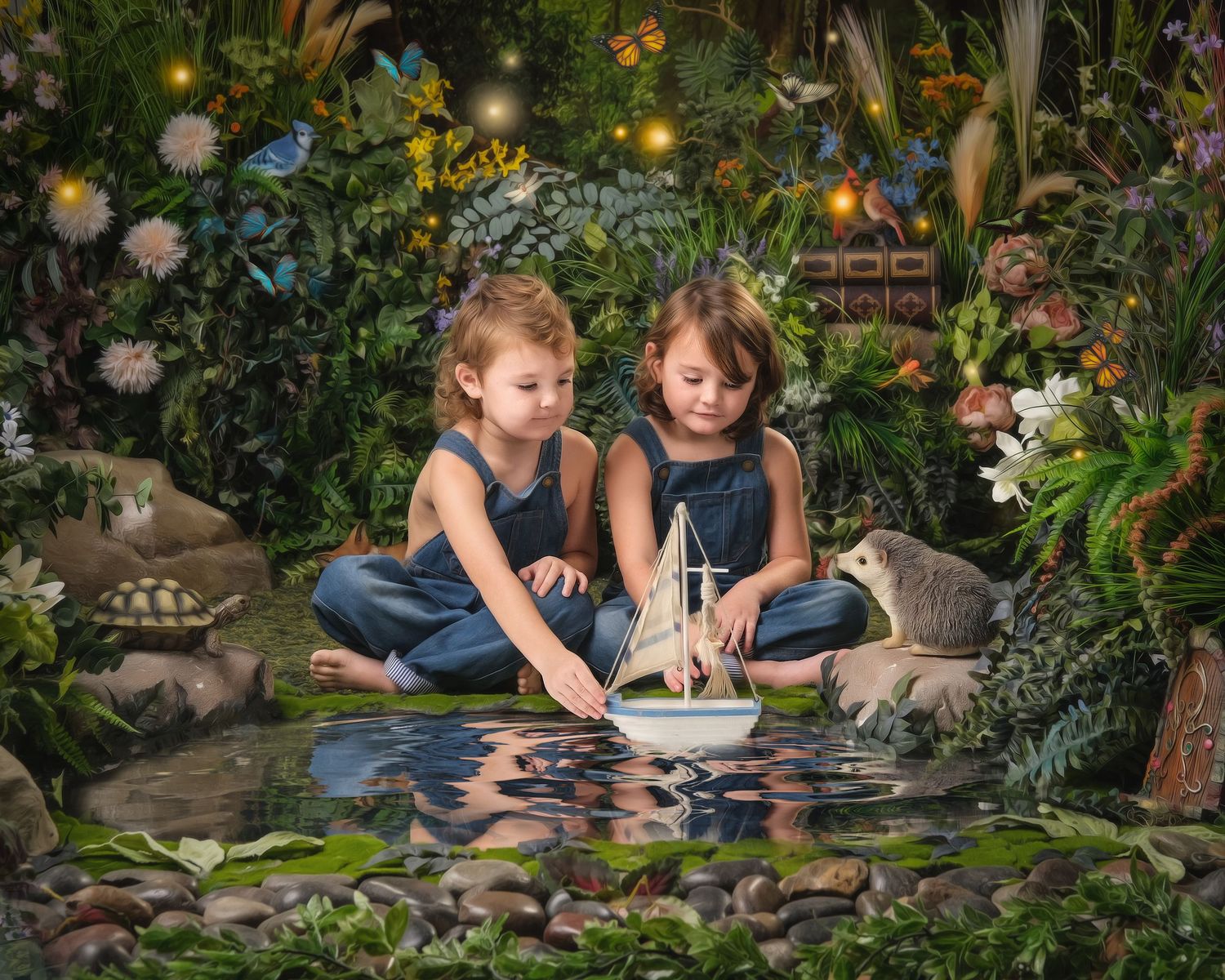 Two girls in denim jumpsuits play with a toy sailboat in a magical enchanted garden setting.