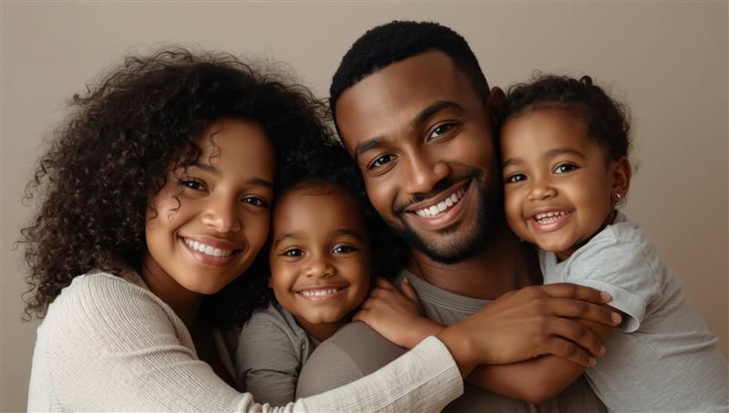 Happy family of four smiling together, parents holding two young toddler children in a studio.