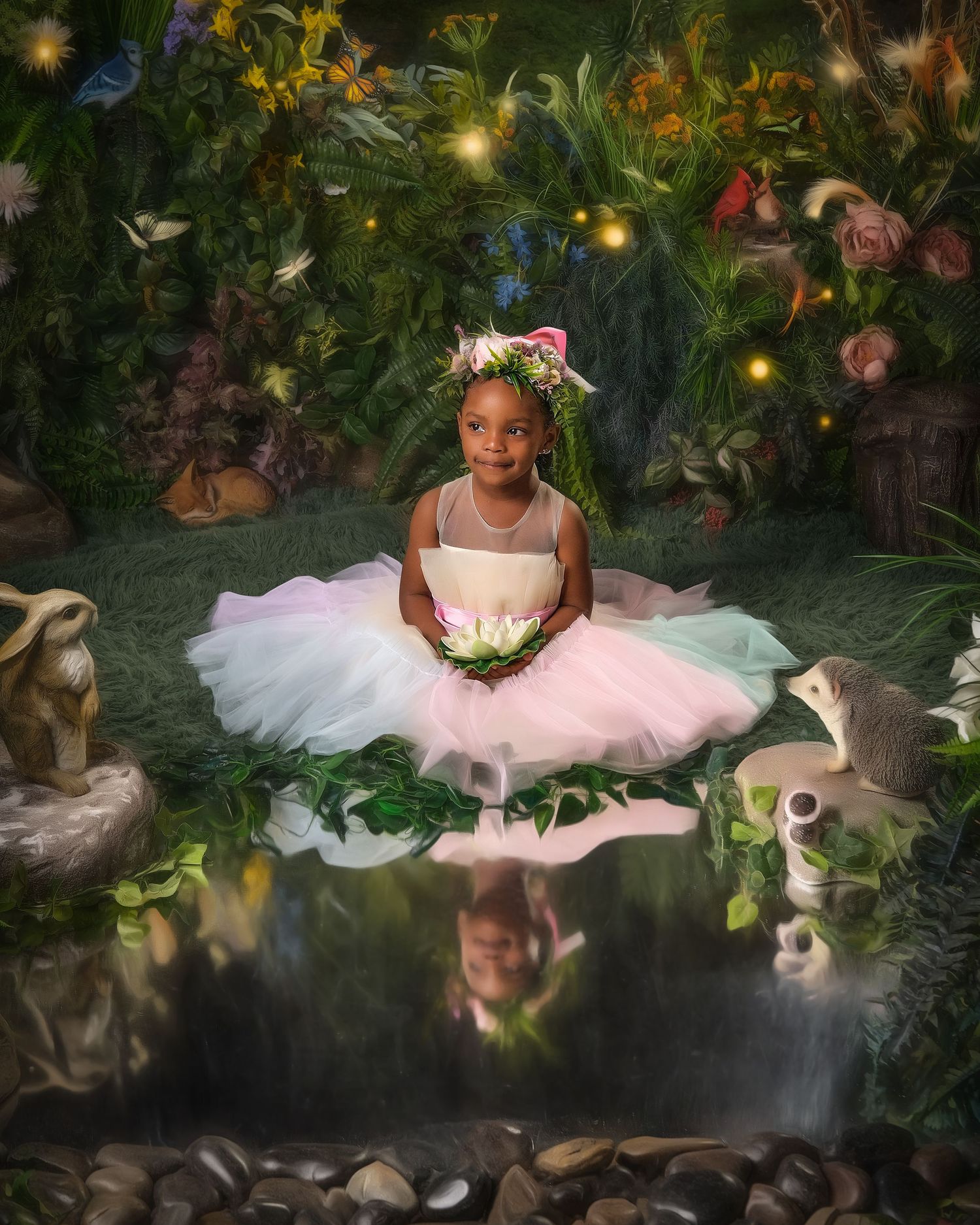 Young girl in pink and white tutu sits in enchanted garden, reflected in a still pond.