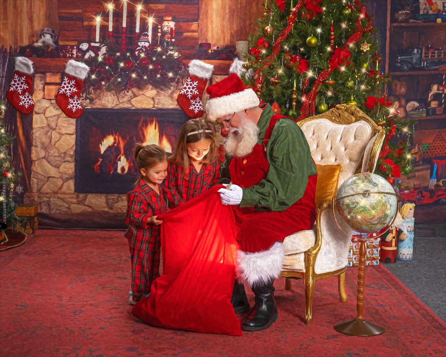 Two children peek into Santa's red gift bag beside a decorated Christmas tree and cozy fireplace in a festive holiday photo.