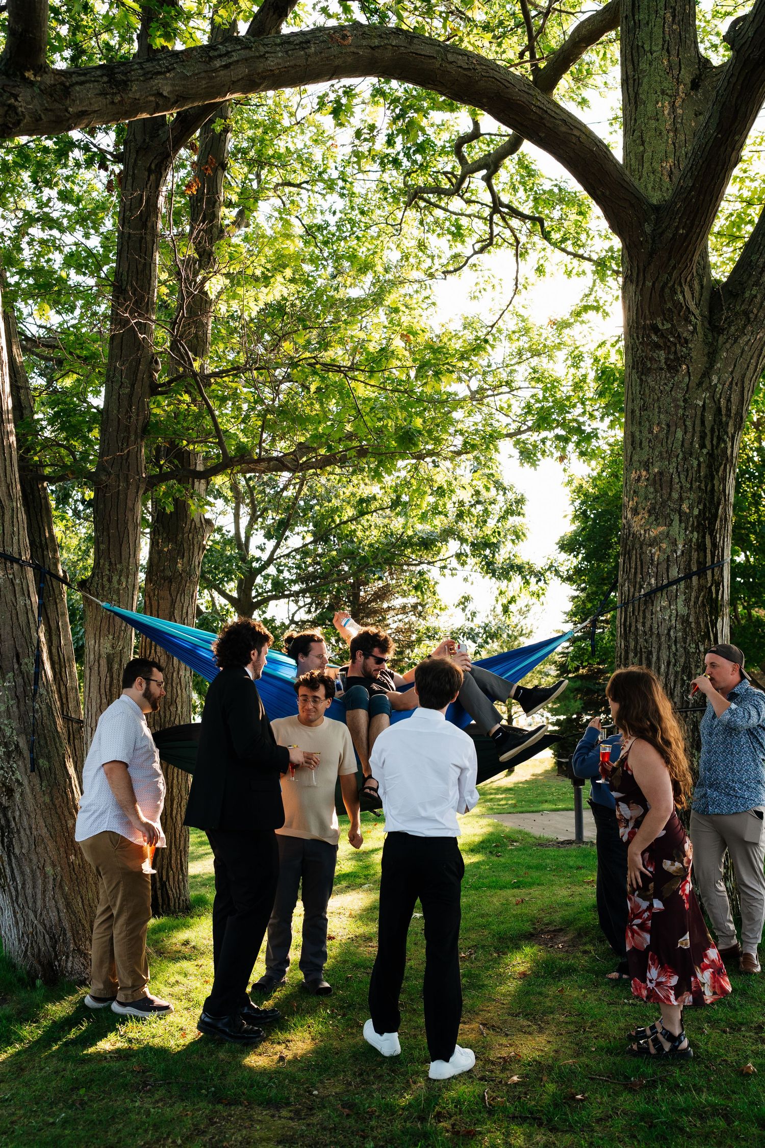 Wedding guests gather under shaded trees during outdoor reception.