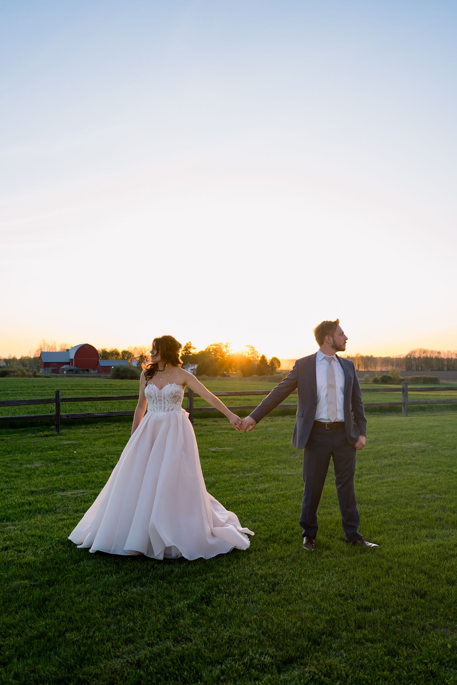A romantic wedding couple poses in a golden field at sunset with a red barn in the distance.