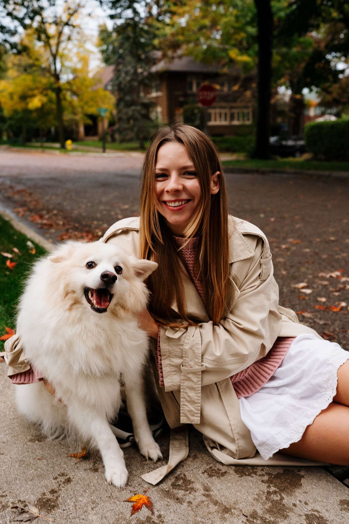 Playful white dog and friend sharing a joyful moment on sidewalk with autumn leaves.