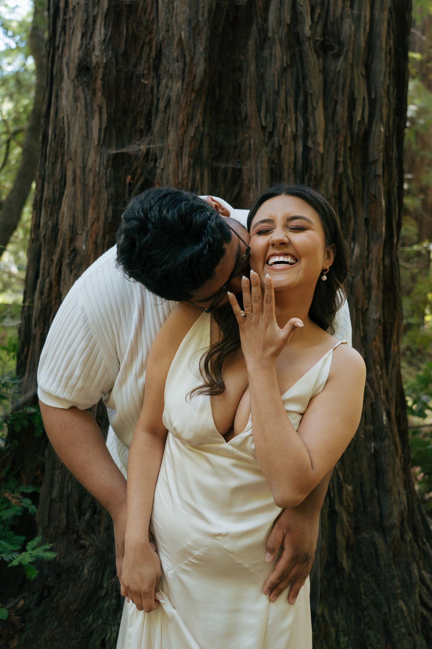 A romantic moment between a couple embracing in front of a giant redwood tree.