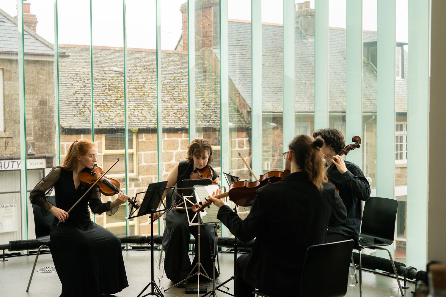String quartet playing during a wedding in Penzance, Cornwall