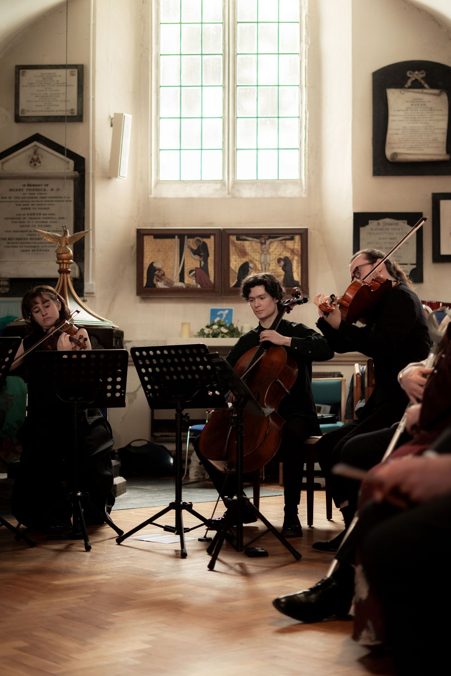 String quartet playing inside Penzance Church, Cornwall