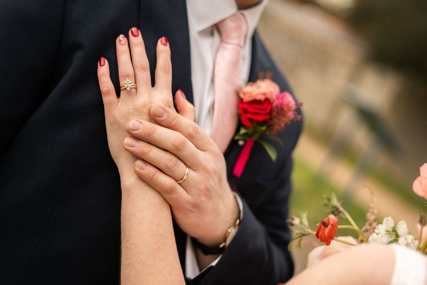 Detail photo of wedding rings during a wedding in Penzance, Cornwall