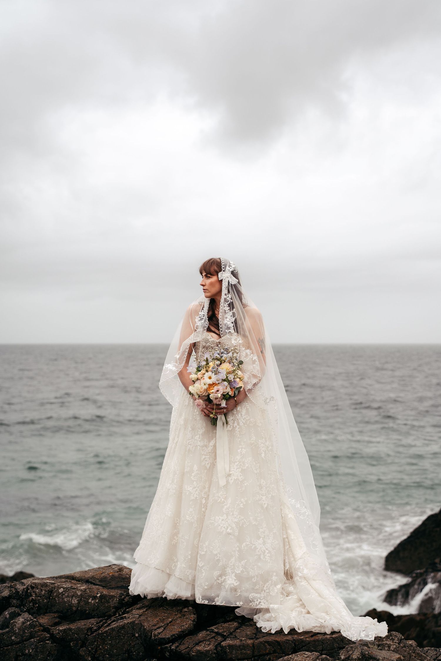 Bridal portrait on the Cornish coast before a wedding ceremony in St Nicholas Chapel, St Ives