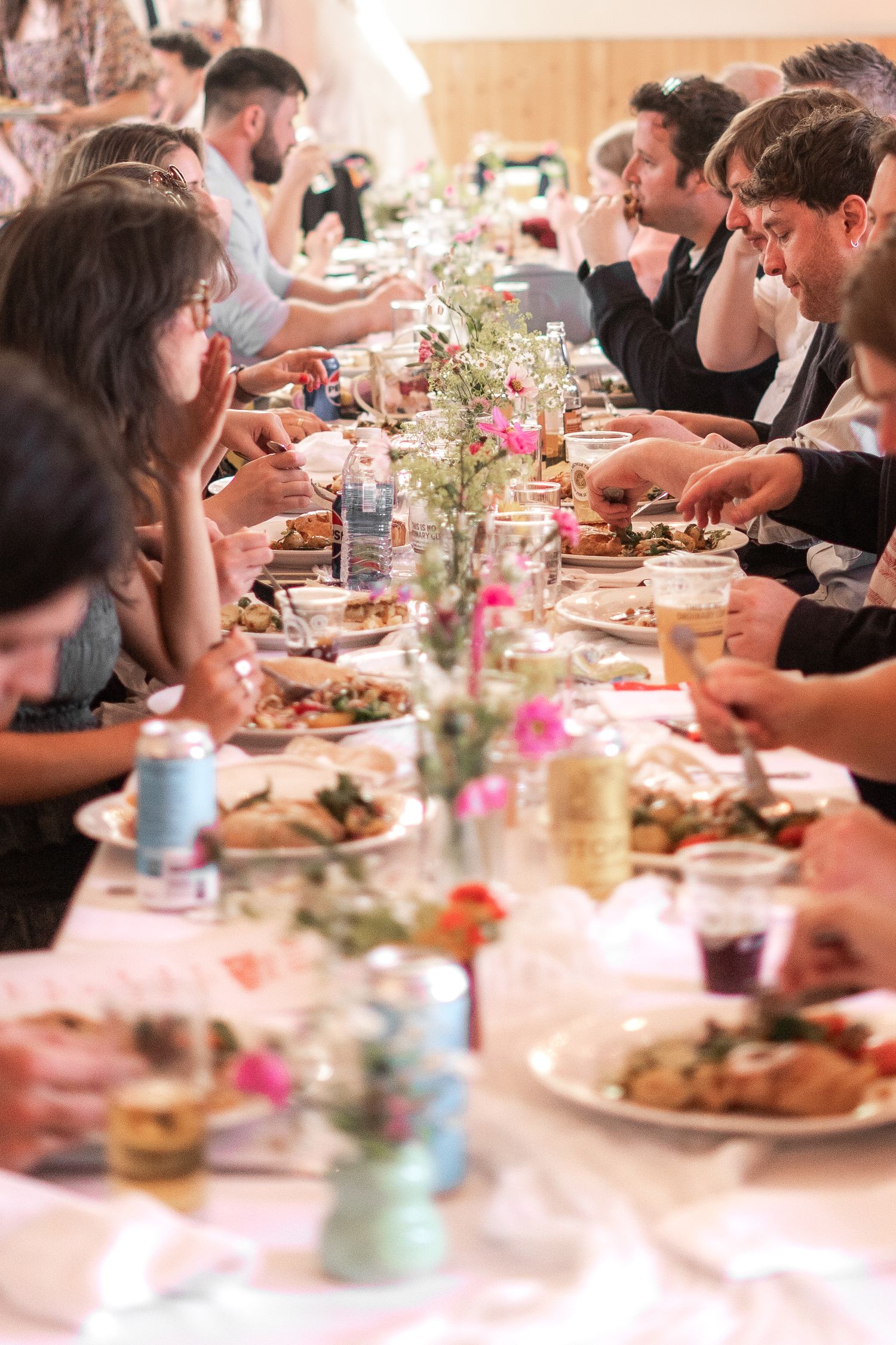 Floral table display at a Cornish wedding