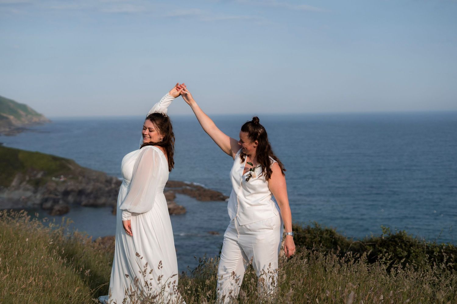Lesbian wedding photos on the Cornish coastline of Lantic Bay