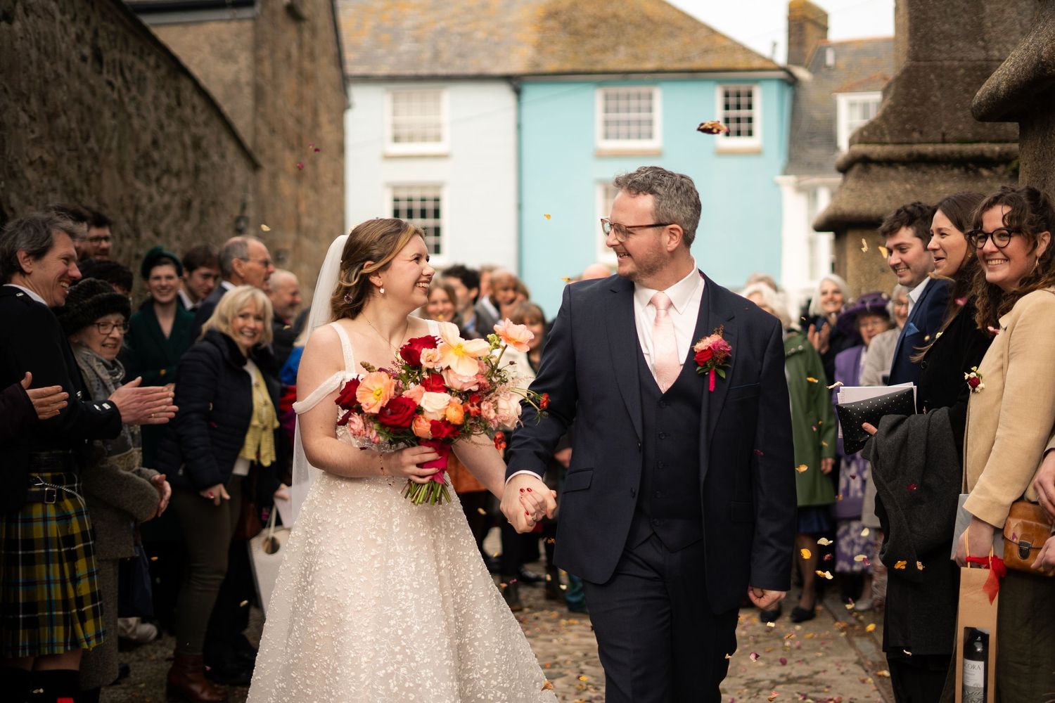 Confetti photo outside Penzance Church, photographed by Cornish wedding photographer