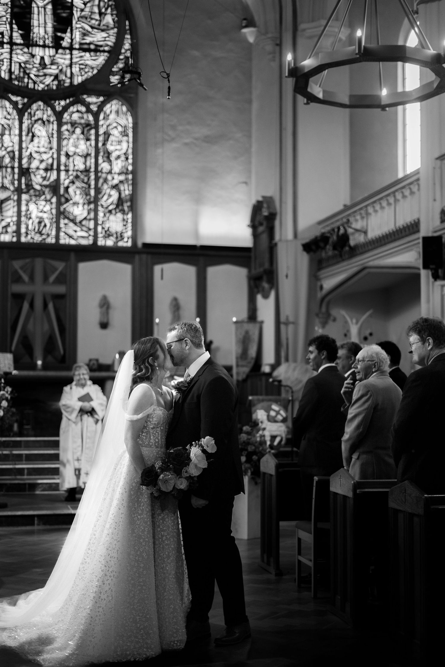 First kiss during a church wedding in Penzance, Cornwall
