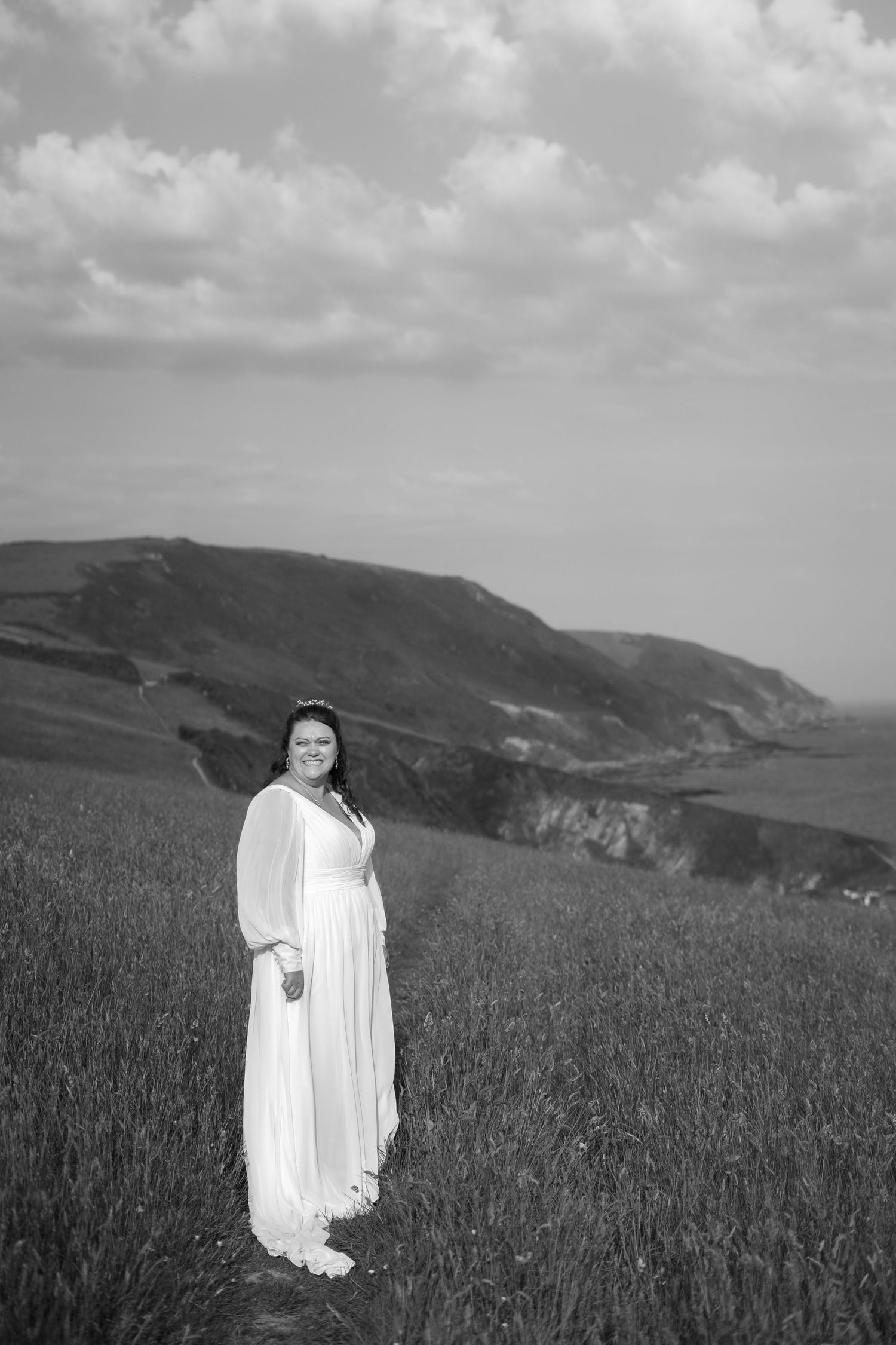 Bridal portrait at Lantivet Bay with the beautiful, dramatic Cornish coastline in the background