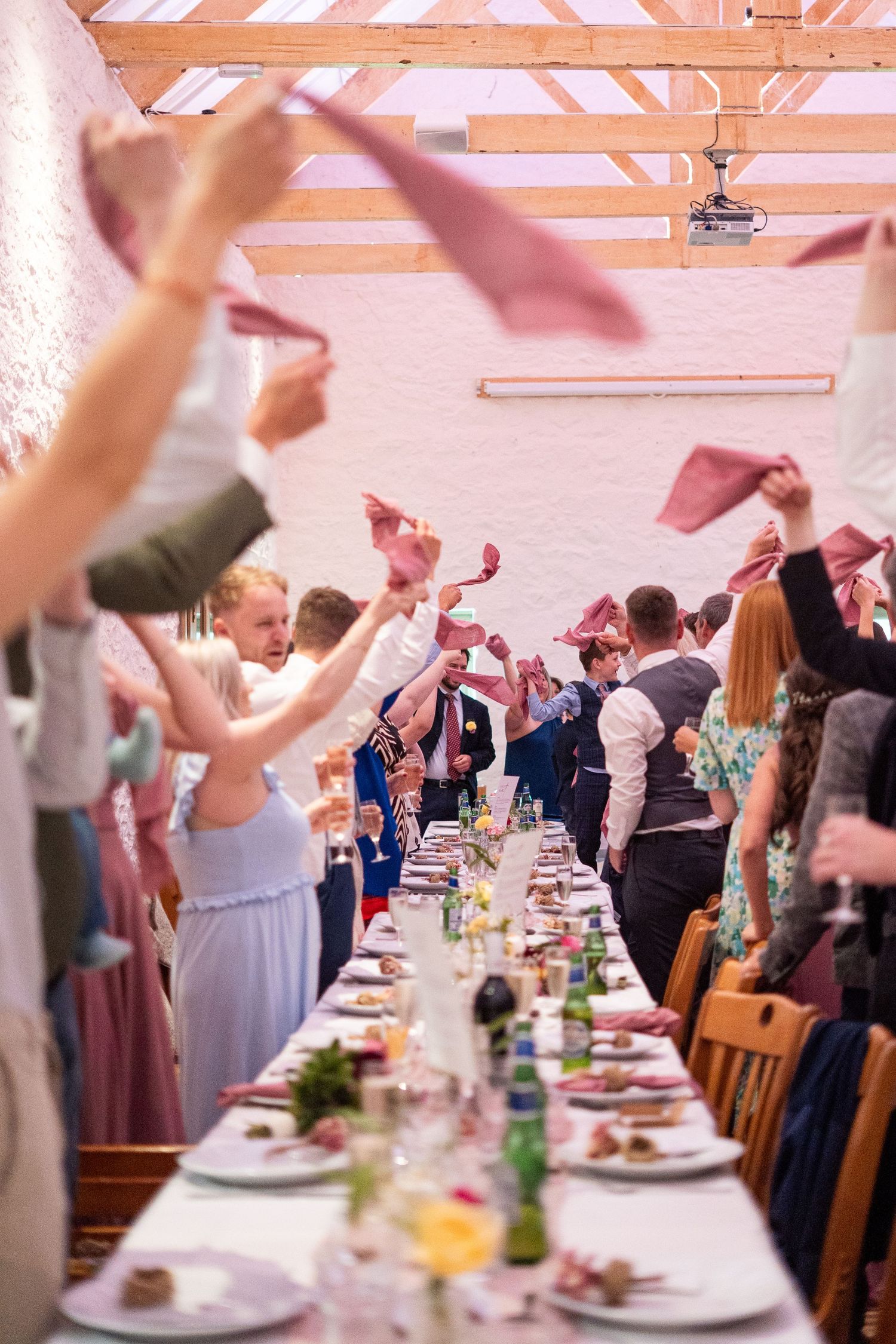 Napkin waving at a wedding in Cornwall