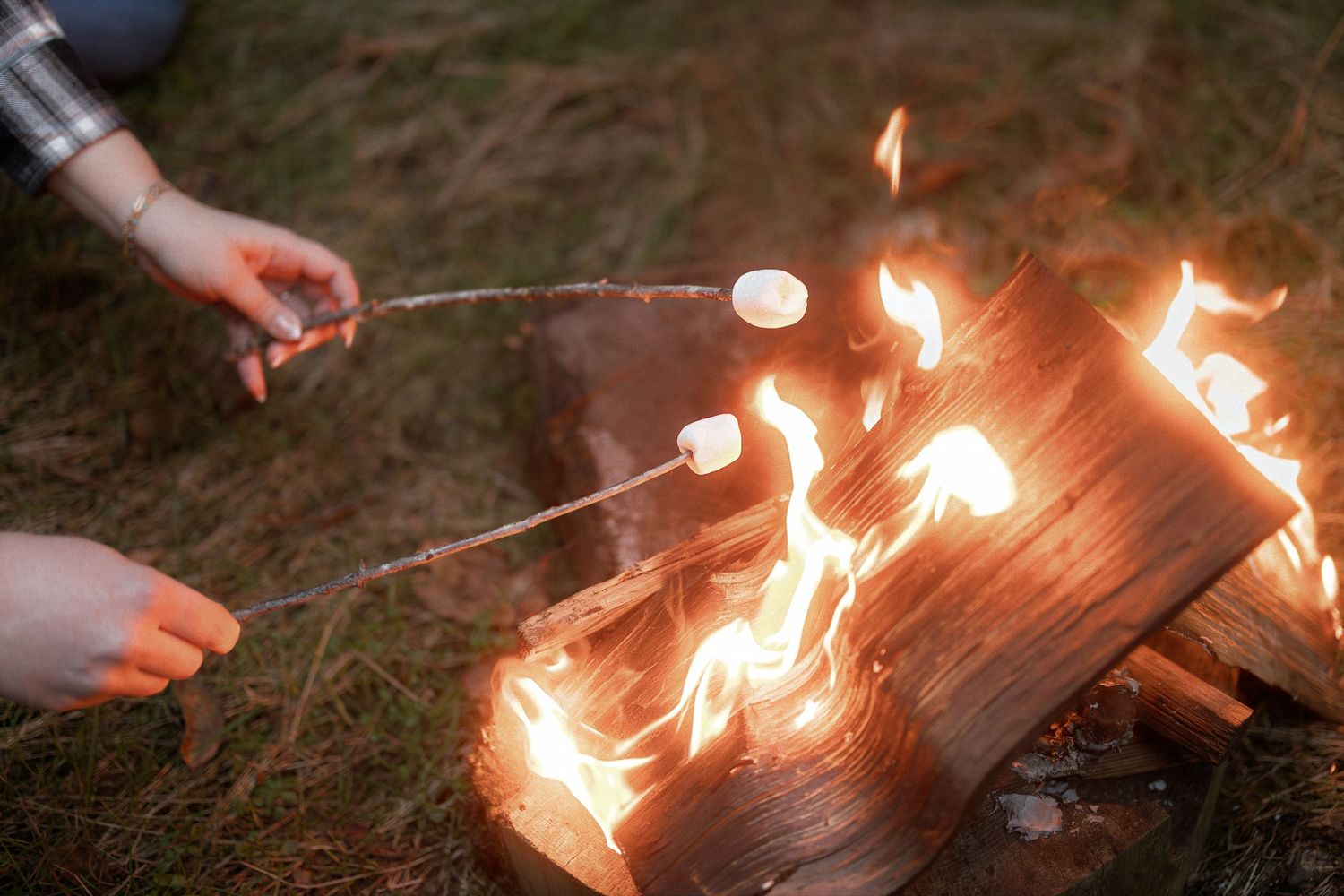 A marshmallow being roasted over a campfire with flames flickering in the darkness.