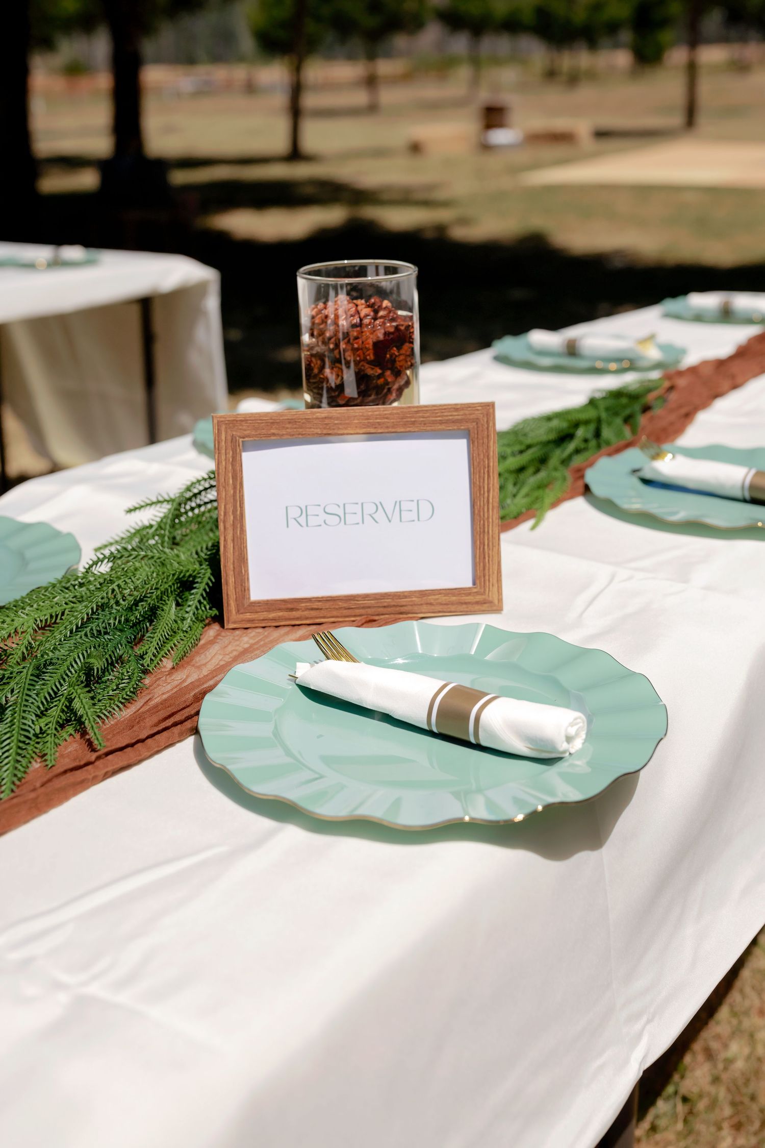 An elegant outdoor wedding reserved table setting with mint green plates, greenery runner, and framed sign.