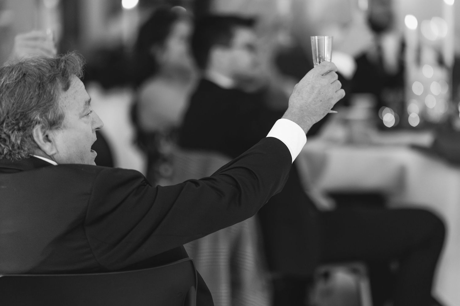 A person in formal attire raises a glass for a wedding toast at the reception.